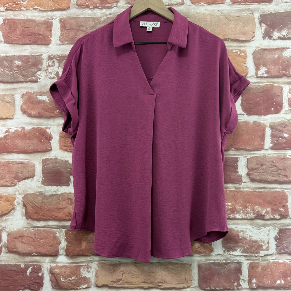 Anthropologie She + Sky Top Women's L Purple Pink Crinkle Casual Career Shirt